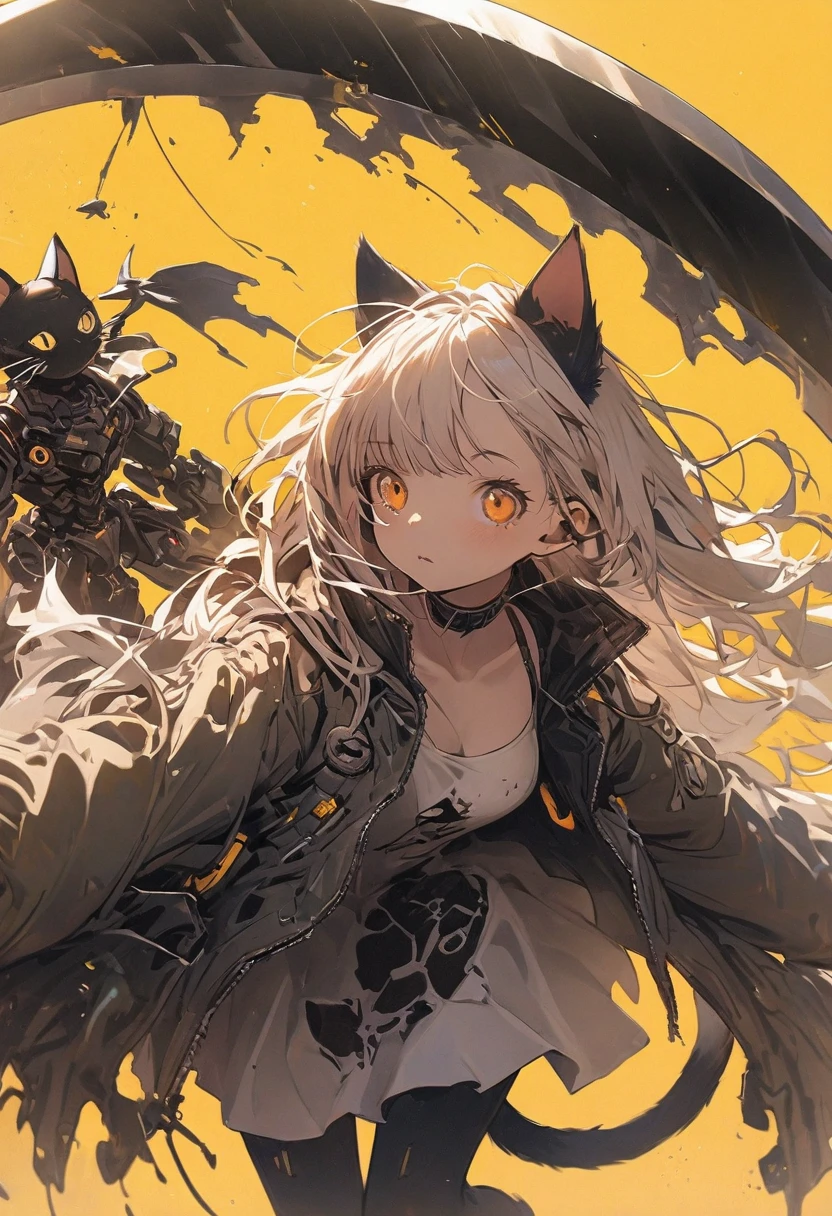 Detailed silhouette of a cyberpunk girl with cat ears and a tail, Flowing, Tattered coat, He has a giant scythe with a mechanical cat design on it., Stand on the glossy, Minimalist reflective surface, Yellow background, sense of depth:1.4, fish eye