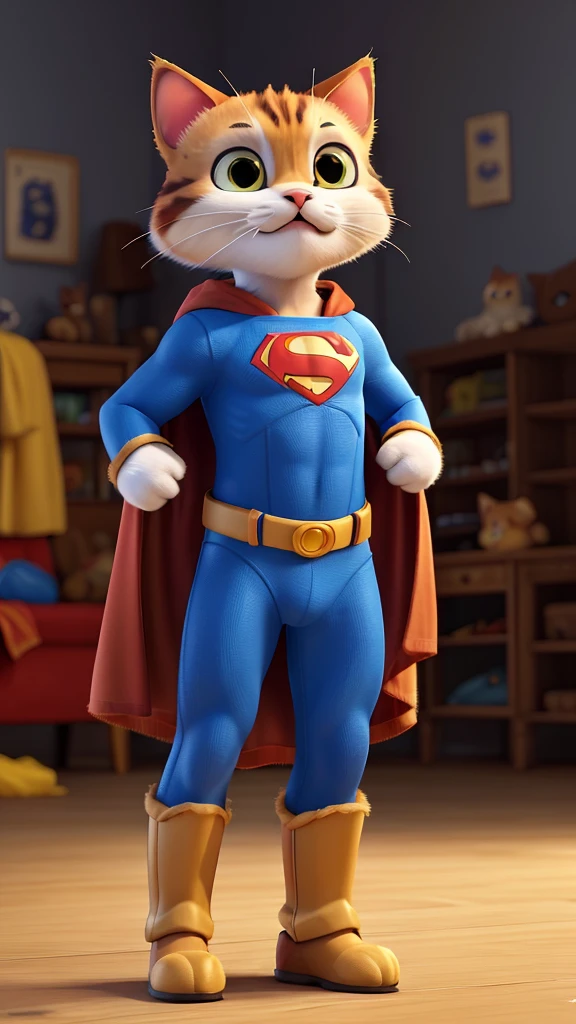 “Create an image of an adorable baby cat dressed in a faithful Superman costume. The cat should have a unique, short stature, with expressive, bright eyes and detailed, soft fur. The costume includes a vivid blue suit, a flowing red cape, and a yellow belt. Prominently display the iconic red and yellow Superman ‘S’ symbol on its chest. Capture the cat in a dynamic action pose, as if it’s in the middle of a heroic battle scene. The background should suggest motion and excitement, with blurred lines to indicate fast movement. Ensure the cat’s fur is meticulously detailed, showcasing its texture and fluffiness. The overall feel should be cinematic, evoking the sense of a dramatic movie moment.”