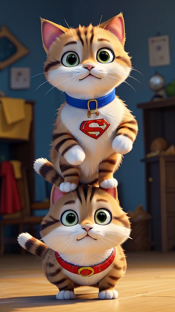 “Create an image of an adorable baby cat dressed in a faithful Superman costume. The cat should have a unique, short stature, with expressive, bright eyes and detailed, soft fur. The costume includes a vivid blue suit, a flowing red cape, and a yellow belt. Prominently display the iconic red and yellow Superman ‘S’ symbol on its chest. Capture the cat in a dynamic action pose, as if it’s in the middle of a heroic battle scene. The background should suggest motion and excitement, with blurred lines to indicate fast movement. Ensure the cat’s fur is meticulously detailed, showcasing its texture and fluffiness. The overall feel should be cinematic, evoking the sense of a dramatic movie moment.”