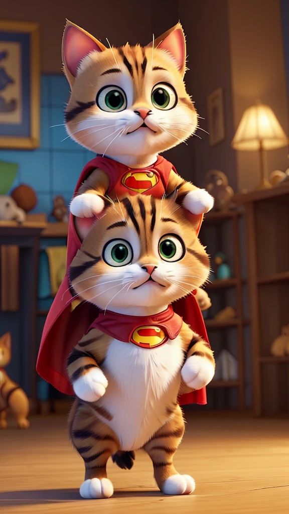 “Create an image of an adorable baby cat dressed in a faithful Superman costume. The cat should have a unique, short stature, with expressive, bright eyes and detailed, soft fur. The costume includes a vivid blue suit, a flowing red cape, and a yellow belt. Prominently display the iconic red and yellow Superman ‘S’ symbol on its chest. Capture the cat in a dynamic action pose, as if it’s in the middle of a heroic battle scene. The background should suggest motion and excitement, with blurred lines to indicate fast movement. Ensure the cat’s fur is meticulously detailed, showcasing its texture and fluffiness. The overall feel should be cinematic, evoking the sense of a dramatic movie moment.”