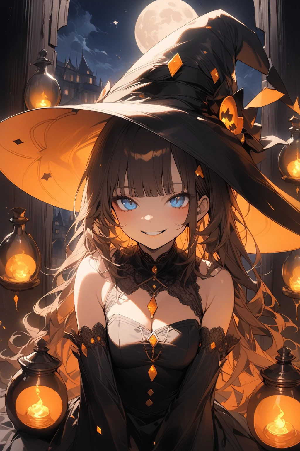 1 girl, upper body, blue eyes, brown hair, long hair with bangs, witch hat, witch costume, bare shoulders, separate sleeves, neckline, neckline, black gloves, short black mini dress, black stockings, bulging skin from stockings, looks at the viewer, sly smile, sly look, indoors, a cauldron with blue liquid, many flasks, orange-blue lighting, night outside, full blue moon, diamond walls, dark, dust motes flying in the air, detailed, beautiful, delicate tones