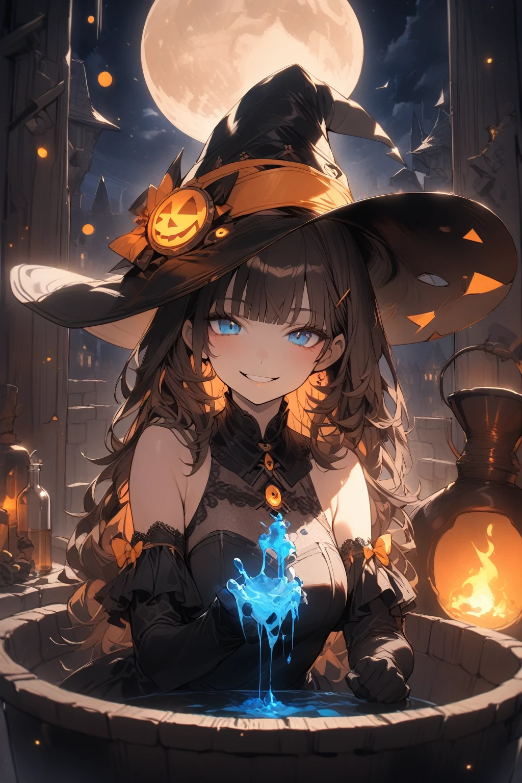 1 girl, upper body, blue eyes, brown hair, long hair with bangs, witch hat, witch costume, bare shoulders, separate sleeves, neckline, neckline, black gloves, short black mini dress, black stockings, bulging skin from stockings, looks at the viewer, sly smile, sly look, indoors, a cauldron with blue liquid, many flasks, orange-blue lighting, night outside, full blue moon, diamond walls, dark, dust motes flying in the air, detailed, beautiful, delicate tones