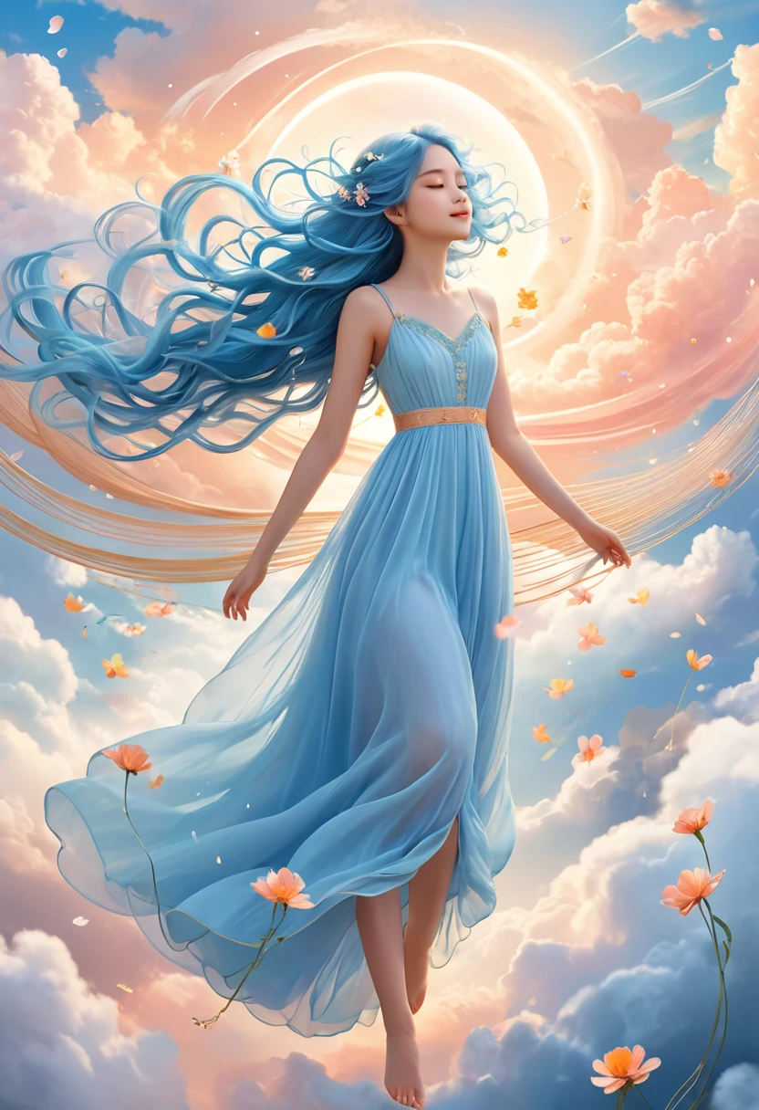 a full-length girl flies in the clouds, long blue hair, peach-colored flowers woven into her hair, soft pink clouds, clouds swirling in a whirlwind, many small luminous drops, a dress flutters in the wind, a soft blue dress, bright soft light, thin golden lines come out of the depths, enveloping the girl