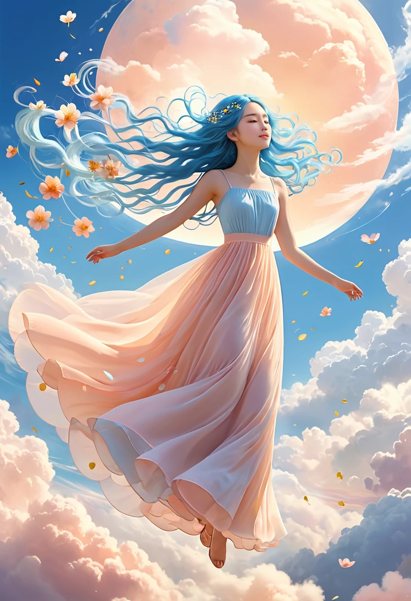 a full-length girl flies in the clouds, long blue hair, peach-colored flowers woven into her hair, soft pink clouds, clouds swirling in a whirlwind, many small luminous drops, a dress flutters in the wind, a soft blue dress, bright soft light, thin golden lines come out of the depths, enveloping the girl