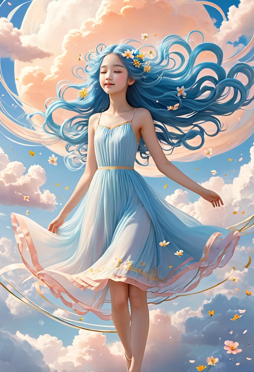 a full-length girl flies in the clouds, long blue hair, peach-colored flowers woven into her hair, soft pink clouds, clouds swirling in a whirlwind, many small luminous drops, a dress flutters in the wind, a soft blue dress, bright soft light, thin golden lines come out of the depths, enveloping the girl