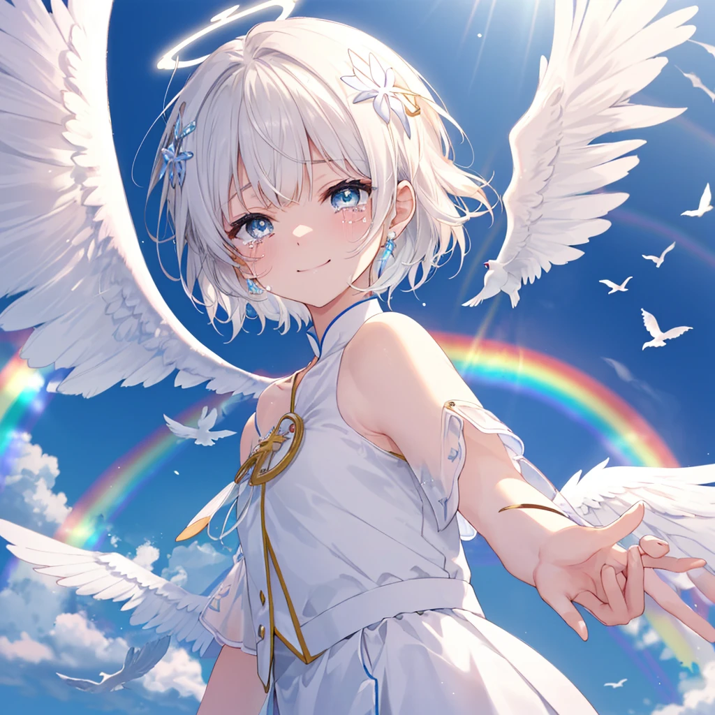 (((Extreme close-up　tears　smile　Low - Angle　Dove of peace　Angel Halo)))　((輝くtears　Rainbow Eyes　Short Hair　Receiving the light　Rainbow light　Place your hand on your chest))　(Shining Edge　　Pillar of Light)