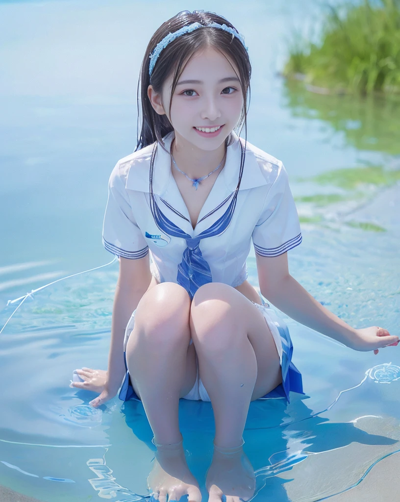 (NFSW)、(High resolution:1.5)、Highest quality,Very detailed,masterpiece,Super detailed,alone,(One girl),((Summer School Uniforms:1.5)), Seraphim, ((skirt:1.5)), smile, Thigh fetish imag5、(((barefoot)))、(Her thighs and white bikini reflected in the clear blue water)、(reflected in water:1.5)、((I can see the white string panties:1.5))、(Cl、((Clear blue s)、Summer sun、はしゃいだsmile、Beautiful Eyes、(pull-out-panties)、(Panties on knees)、Big e and tiarater is marine blue、(((Glossy thighs)))