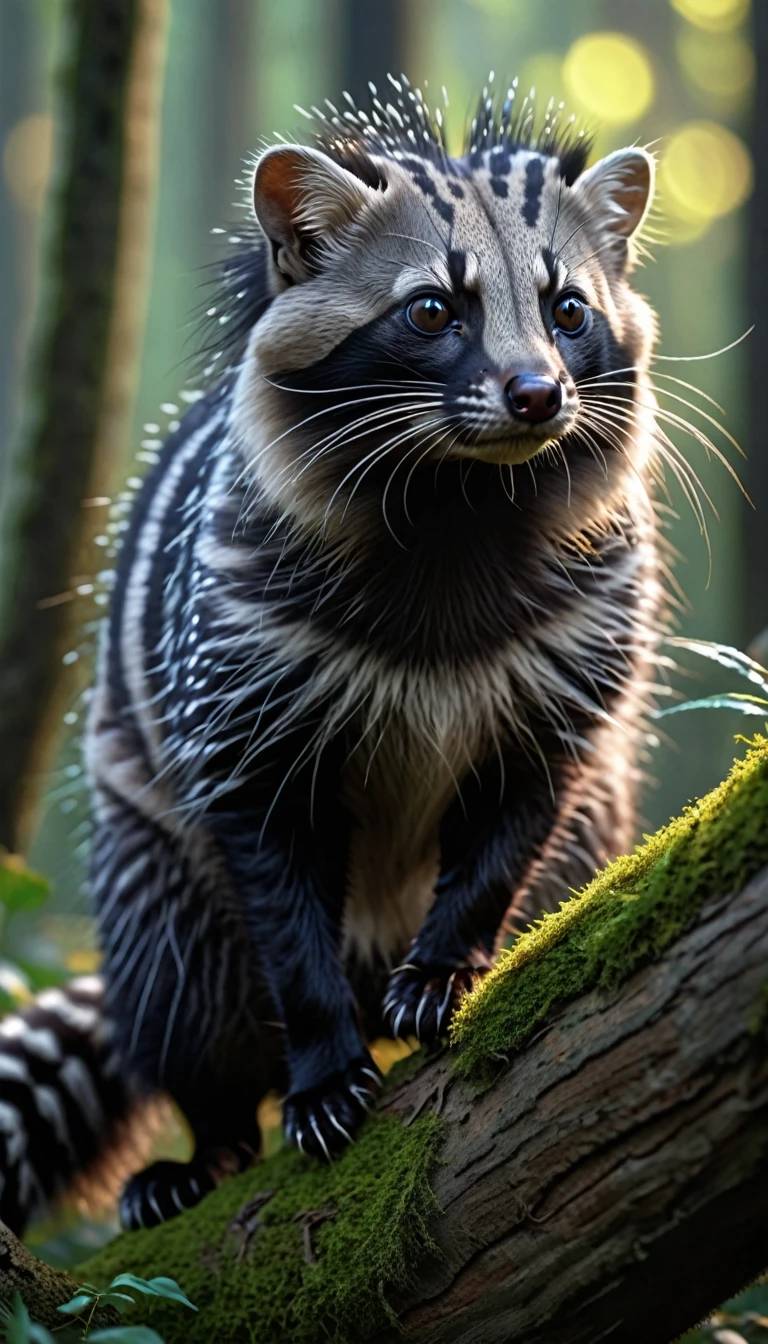 There is a beast in the forest，Very long hair on the head，Looks like a civet cat，Mysterious Creatures, shrike, (best quality，4K，8K，High level，masterpiece：1.2），Ultra Detailed，（lifelike，Photo real，Photo real：1.37），Highly detailed animals，Complex patterns，Realistic lighting，Fantasy Creatures