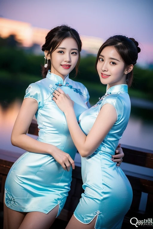 (a gorgeous lady and her twin sister, age 18, wearing a traditional Qipao, posing naturally under night sky, dimple, shy smile, short bob hair, ponytail, cute snaggleteeth, very large healthy round bosom, photorealistic, stunning detailed eyes, hyper-realism, high contrast, ultra HD, realistic skin textures, top image quality, top-quality, super high resolution, fine details, very meticulously, bokeh background, head to thigh, High-angle camera)