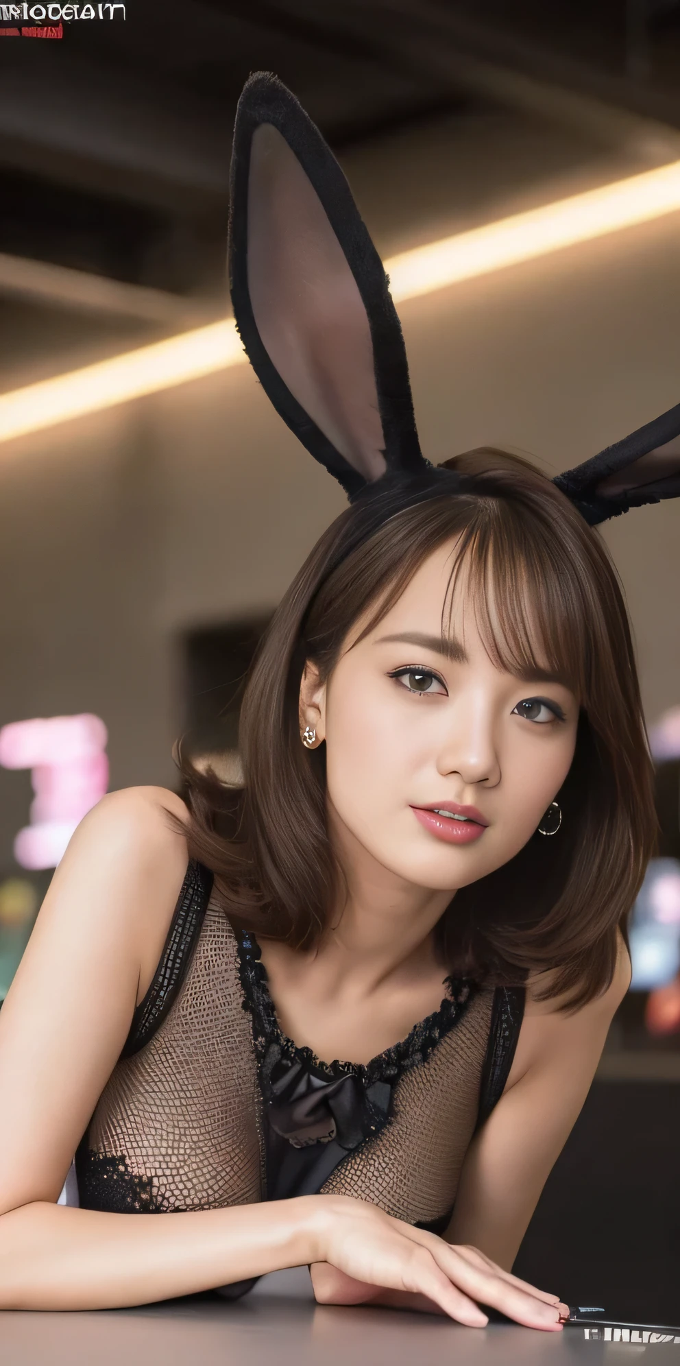 At the nightclub, (RAW Photos: 1.2), Highest quality, Beautiful detailed girl, Bunny ears, Expressionless, Highly detailed eyes and face, Beautiful attention to detail, Large file size, High resolution, High resolution, 8k wallpaper, The finer details, Highly detailed Ticker Uniform 8K Wallpaper, Light on the face, Cinema Lighting, -yeld gi Sexy pose, (Photorealism: 1.4), figure, Surrealism, From below, Super detailed, Tabletop, Playboy Bunny Costume, Fishnet stockings Pantyhose, On all fours　Nipples