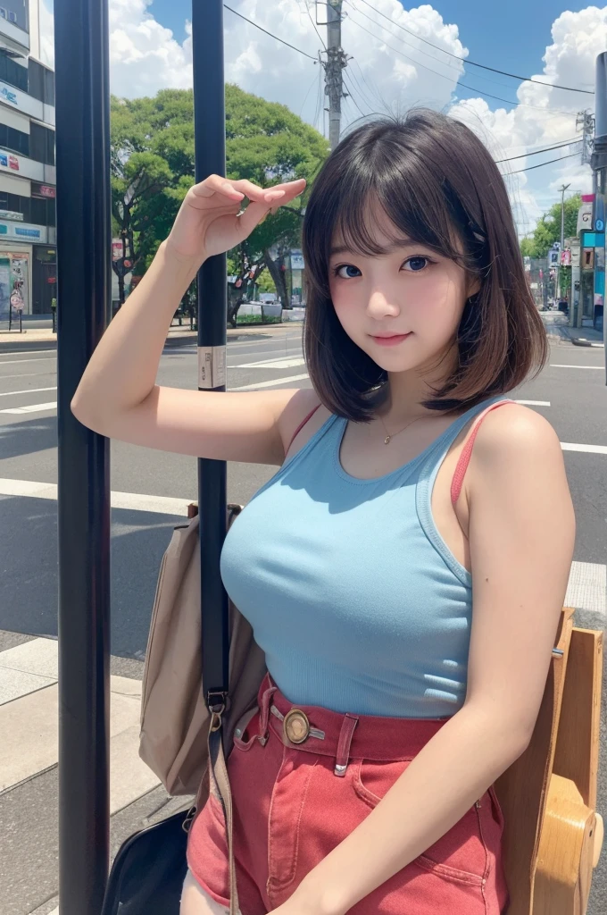 (1 Girl )、(Beautiful Japanese、18years old,round face、Refreshing、clear、seems kind、stylish、Pitiful、cute like an angel、cute、black eyes、(Single eyelid:1.3)、Beautiful skin), {(Japan human face:1.4),(General facial features)} , (((Beautiful breasts:0.4))),(((soft breasts))),(very cute),(short hair),(enchanting eyes),(highlight on eyes:1.2)、(8K、Live shooting、highest quality、masterpiece:1.2、optimal lighting)、((masterpiece)),(Photo taken by a professional photographer),(real、photo real:1.4),BREAK,{(Tank top shirt, jean shorts)},(cheeks are red:1.3), BREAK, BREAK,Smile:1.3、 face close-up,Looking at viewer,lonly face:1.4、Japan、Summer、from above、bus stop,Blue sky, cumulonimbus clouds,(((1970s vibe)))、Hands clasped behind back