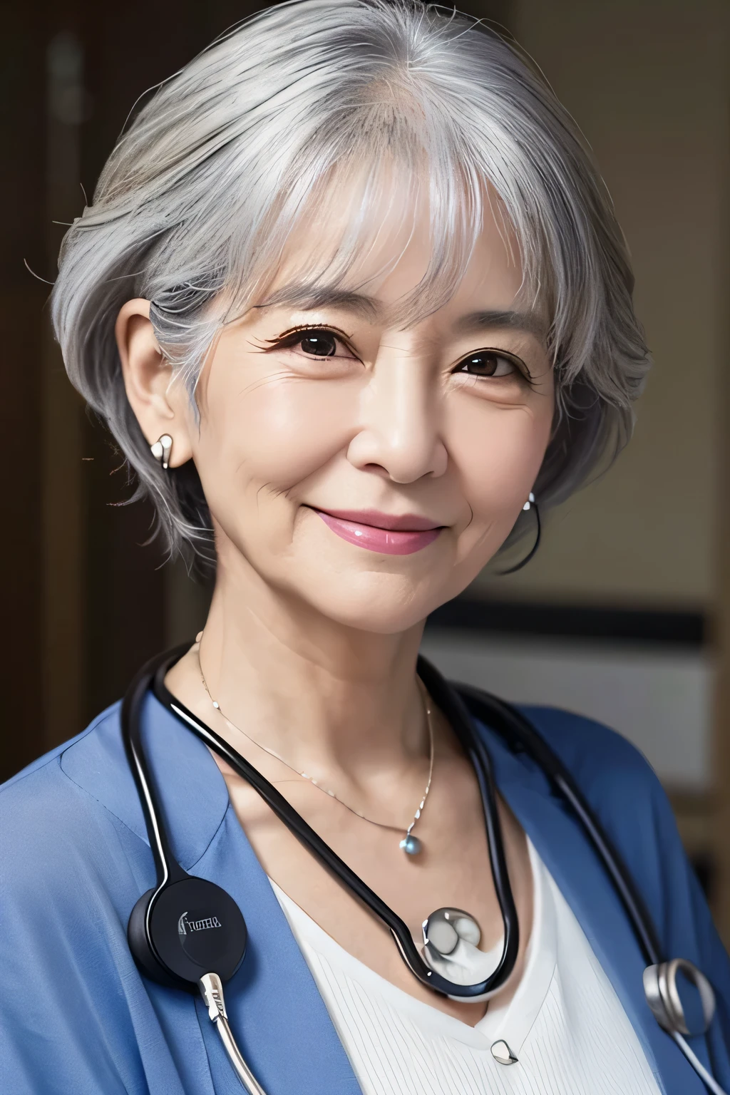 70-year-old woman、Gray Hair、 Japanese women、、Necklace around the neck、White、Closed Mouth Smile、Doctor's attire、Stethoscope、Wavy Hair、short hair、Intricate details, Very detailed:1.2), 、 Looking into the camera,The background is the operating room、ear piercing