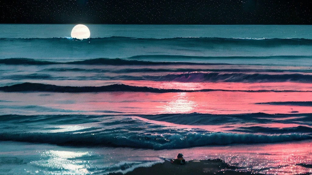 Lo-fi music anime illustration of a girl sitting on the beach at night watching a bonfire。The moon is reflected on the surface of the sea、It creates a calm and quiet atmosphere。The girl is relaxing in a camping chair、A gentle breeze makes me feel like time is passing slowly as my hair flutters.。The only light is from the moon and the bonfire