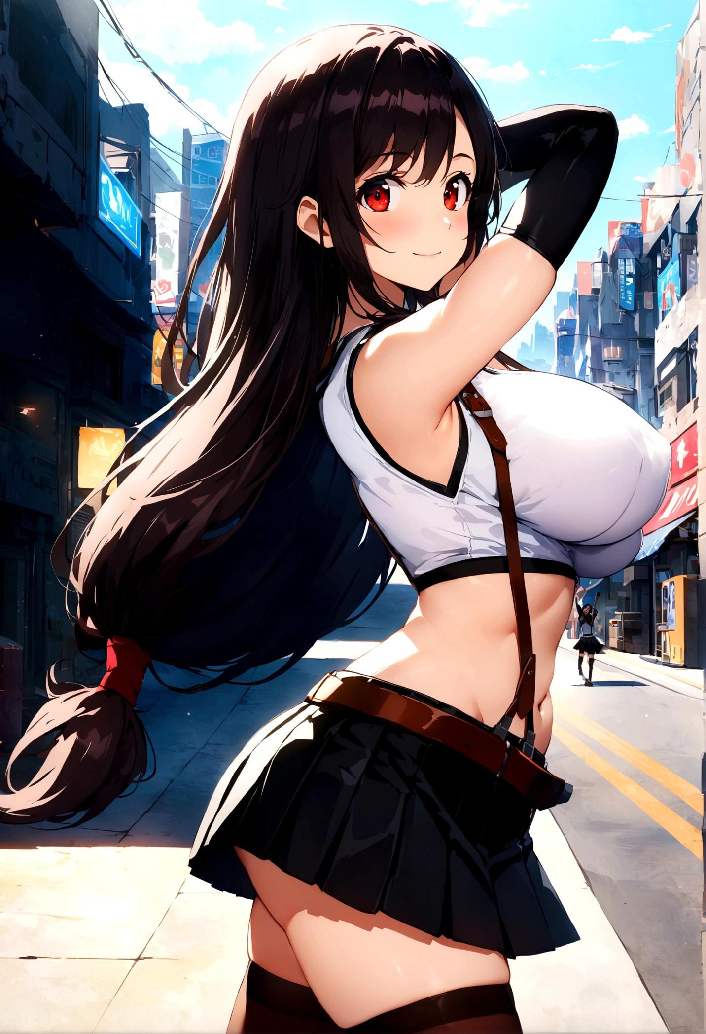 score_9, score_8_up, score_7_up,score_6, score_5,4k,BREAK , from side,from side,side view,breast focus,standing,straight-on,walking,(arms up,arms behind head),(mediumshot),looking_at_viewer ,1girl, tifa lockhart, final fantasy, tareme,black hair, low-tied long hair, red eyes, bangs, (white tank top, belt, pleated skirt, thighhighs, elbow fingerless gloves, elbow pads, midriff, navel,suspender skirt) ,(large_breast),(light smile),Curvy waist,,Solo,,(daytime and beachside and city),detailed skin,(best quality),(aesthetic,very aesthetic),UHD,HDR,intricate detailed,anime,highly detailed,sharp focus,depth of field,,professional lighting,cinematic lighting, , 　　