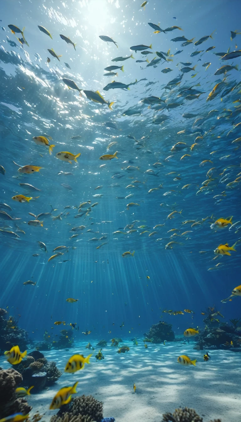ocean dance，Surrounded by fish，Realistic Ray Tracing，True Light Reflection，8K，masterpiece，Super quality，Film Effects，granular，realism，Dynamic Perspective