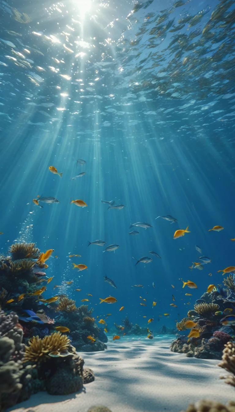 ocean dance,Surrounded by fish,Realistic Ray Tracing,True Light Reflection,8K,masterpiece,Super quality,Film Effects,granular,realism,Dynamic Perspective