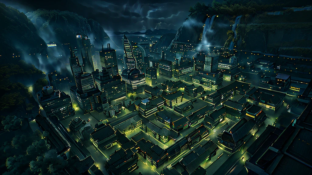 （Tabletop）（High definition）Machine City、Near future、cyber punk、row of buildings、inorganic、There are no people、dim、Dark Sky、Green light、Dark City、