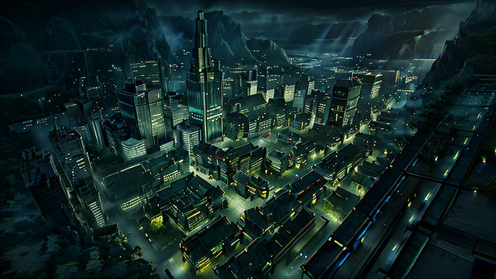 (Tabletop)(High definition)Machine City、Near future、cyber punk、row of buildings、inorganic、There are no people、dim、Dark Sky、Green light、Dark City、