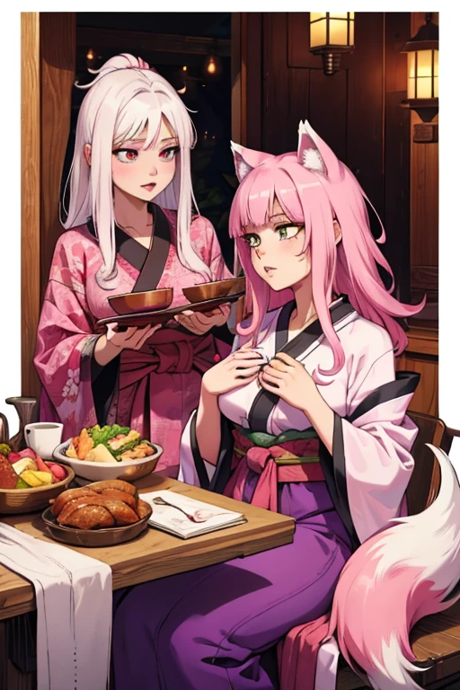 a young pink haired wolf woman with violet eyes with an hourglass figure and pink wolf ears and a pink wolf tail in a pretty kimono is eating dinner with a young white haired wolf woman with green eyes with an hourglass figure and white wolf ears and a white wolf tail in a pretty kimono