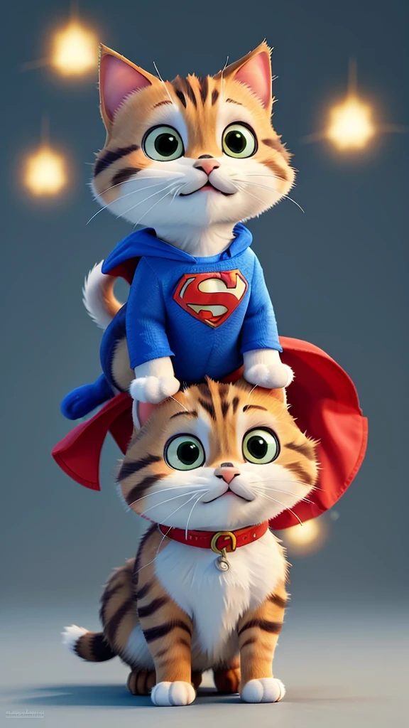 “Create an image of an adorable baby cat dressed in a faithful Superman costume. The cat should have a unique, short stature, with expressive, bright eyes and detailed, soft fur. The costume includes a vivid blue suit, a flowing red cape, and a yellow belt. Prominently display the iconic red and yellow Superman ‘S’ symbol on its chest. Capture the cat in a dynamic action pose, as if it’s in the middle of a heroic battle scene. The background should suggest motion and excitement, with blurred lines to indicate fast movement. Ensure the cat’s fur is meticulously detailed, showcasing its texture and fluffiness. The overall feel should be cinematic, evoking the sense of a dramatic movie moment.”