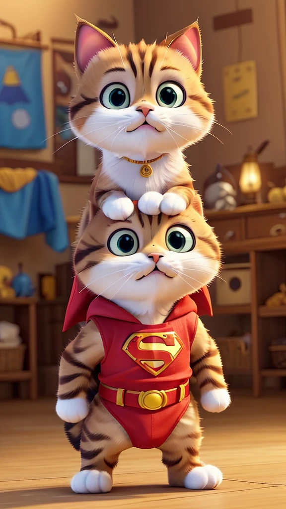 “Create an image of an adorable baby cat dressed in a faithful Superman costume. The cat should have a unique, short stature, with expressive, bright eyes and detailed, soft fur. The costume includes a vivid blue suit, a flowing red cape, and a yellow belt. Prominently display the iconic red and yellow Superman ‘S’ symbol on its chest. Capture the cat in a dynamic action pose, as if it’s in the middle of a heroic battle scene. The background should suggest motion and excitement, with blurred lines to indicate fast movement. Ensure the cat’s fur is meticulously detailed, showcasing its texture and fluffiness. The overall feel should be cinematic, evoking the sense of a dramatic movie moment.”