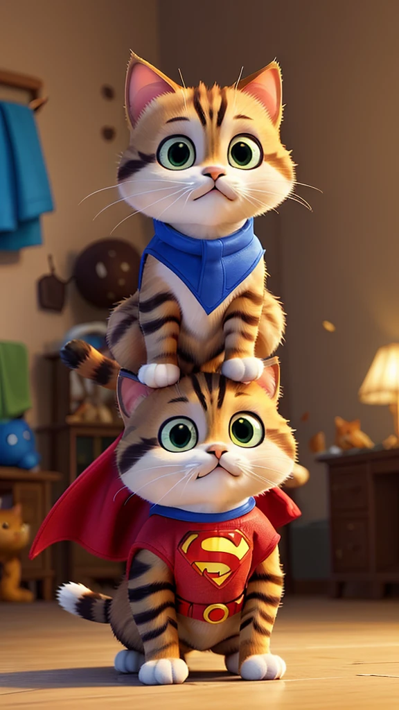 “Create an image of an adorable baby cat dressed in a faithful Superman costume. The cat should have a unique, short stature, with expressive, bright eyes and detailed, soft fur. The costume includes a vivid blue suit, a flowing red cape, and a yellow belt. Prominently display the iconic red and yellow Superman ‘S’ symbol on its chest. Capture the cat in a dynamic action pose, as if it’s in the middle of a heroic battle scene. The background should suggest motion and excitement, with blurred lines to indicate fast movement. Ensure the cat’s fur is meticulously detailed, showcasing its texture and fluffiness. The overall feel should be cinematic, evoking the sense of a dramatic movie moment.”