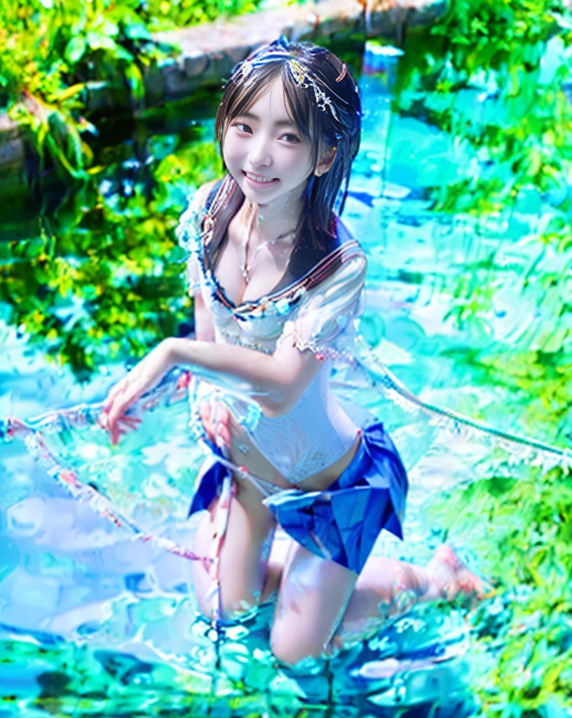 (NFSW)、(High resolution:1.5)、Highest quality,Very detailed,masterpiece,Super detailed,alone,(One 12 year old girl),((Summer School Uniforms:1.5)), Seraphim, ((skirt:1.5)), smile, Thigh fetish images: 1.5、(((barefoot)))、(Her thighs and white bikini reflected in the clear blue water)、(reflected in water:1.5)、((I can see the white string panties:1.5))、(Cleavage)、((Clear blue seawater))、Summer sun、はしゃいだsmile、Beautiful Eyes、(pull-out-panties)、(Panties on knees)、Big necklace and tiara、The water is marine blue、(((Glossy thighs)))