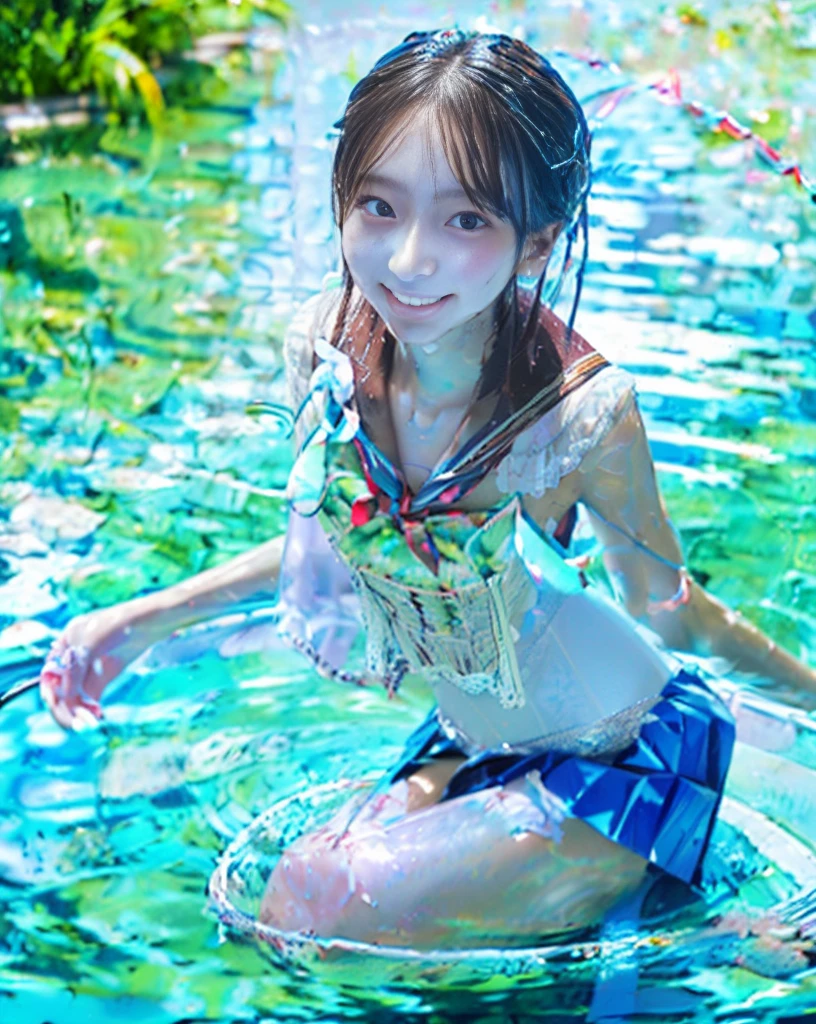 (NFSW)、(High resolution:1.5)、Highest quality,Very detailed,masterpiece,Super detailed,alone,(One 12 year old girl),((Summer School Uniforms:1.5)), Seraphim, ((skirt:1.5)),  smile, Thigh fetish images: 1.5、(((barefoot)))、(Her thighs and white bikini reflected in the clear blue water)、(reflected in water:1.5)、((I can see the white string panties:1.5))、(Cleavage)、((Clear blue seawater))、Summer sun、はしゃいだsmile、Beautiful Eyes、(pull-out-panties)、(Panties on knees)、Big necklace and tiara、The water is marine blue、(((Glossy thighs)))