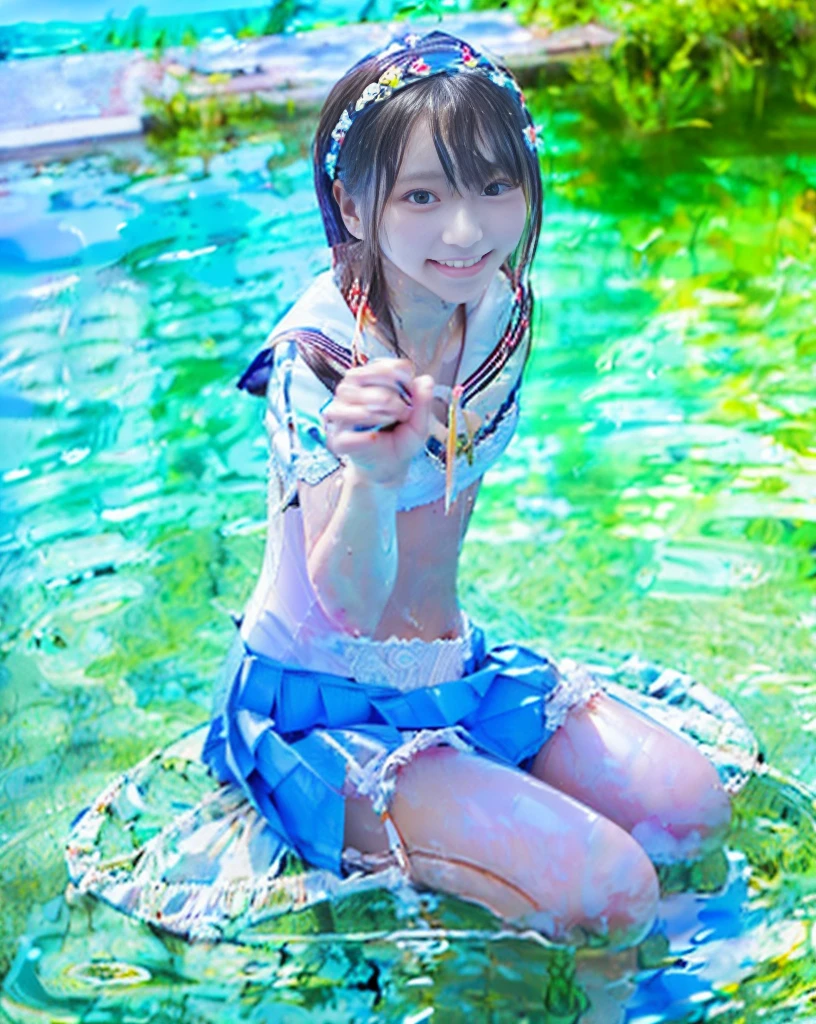 (NFSW)、(High resolution:1.5)、Highest quality,Very detailed,masterpiece,Super detailed,alone,(One 12 year old girl),((Summer School Uniforms:1.5)), Seraphim, ((skirt:1.5)),  smile, Thigh fetish images: 1.5、(((barefoot)))、(Her thighs and white bikini reflected in the clear blue water)、(reflected in water:1.5)、((I can see the white string panties:1.5))、(Cleavage)、((Clear blue seawater))、Summer sun、はしゃいだsmile、Beautiful Eyes、(pull-out-panties)、(Panties on knees)、Big necklace and tiara、The water is marine blue、(((Glossy thighs)))