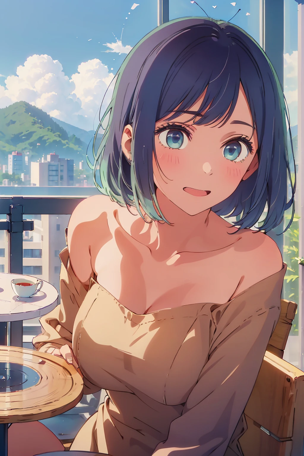 (Highest quality:1.4、8K:1.4、detailed)、F cup bust、Big Breasts、Slim body、Very white beautiful skin、((((1 person、smile、Surprised expression、sit、Chair、 the background are the urban buildings of Tokyo、looking at the camera、Indoor cafe terrace、Navy hair color、juice、Shooting up close、table、Very cute face))))、((((nude、Areola))))、(Hands tuck hair behind ears:1.4)、Cheek resting on hand、Off-the-shoulder zip-up jacket