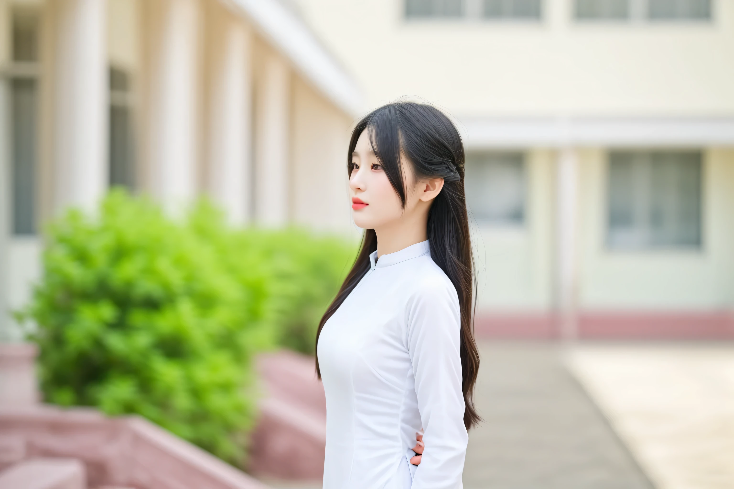 there is a woman that is standing outside in a white shirt, asian girl with long hair, a young asian woman, young asian girl, young asian woman, beautiful young asian woman, vietnamese woman, a cute and beautiful young woman, an asian woman, beautiful asian girl, young and cute girl, chinese girl, young beautiful woman, ao dai, beautiful young korean woman