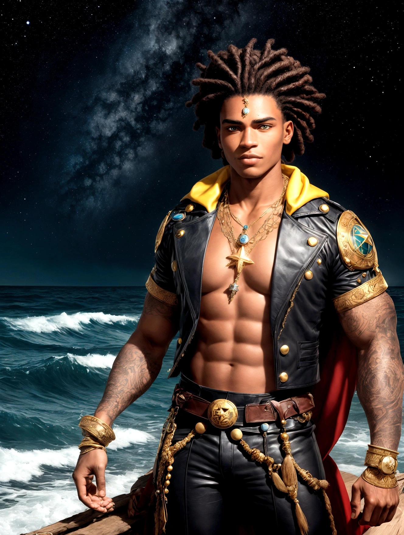black hair

(Star Captain)General Appearance
(Captain Star) is a 20-year-old young man, with dark skin and a muscular, athletic physique, the result of years of hard work at sea. His presence is imposing and confident, reflecting his determination and courage. Hair He sports afro hair styled with braids and dreadlocks, with a modern side cut that adds a touch of contemporary to his maritime look. Her braids are decorated with small marine amulets and some gold beads, symbolizing her connection with the ocean. Eyes and Distinctive Mark Estrela's eyes are a cosmic blue, deep and penetrating, which seem to reflect the vastness of the oceans she loves so much. A golden star is delicately tattooed on his forehead, a symbol he inherited from his family and which represents his special connection with the sea and the stars. Clothing He wears clothes that match the colors of the Cape Verde flag: green, red, yellow and white. A dark brown leather jacket with gold trim, green and yellow fabric patches, and a red scarf around his neck. He wears sturdy dark pants and sturdy leather boots, ideal for sailing in any conditions.Accessories A gold necklace with a compass-shaped pendant, symbolizing his orientation towards the sea and his love of exploration. He also wears leather bracelets with carvings that tell stories of his past adventures. Expression and Posture Estrela carries a determined and gentle expression at the same time, with a confident smile that shows her willingness to face any challenge the sea presents to her. His posture is firm and relaxed at the same time, revealing a natural leader and a loyal companion to his crew.Conclusion
Captain Estrela personifies courage, determination and a deep connection with the sea and the mysteries it hides. His unique and striking look reflects his personality and his destiny as an explorer of the oceans, ready to explore new horizons and discover lost treasures.