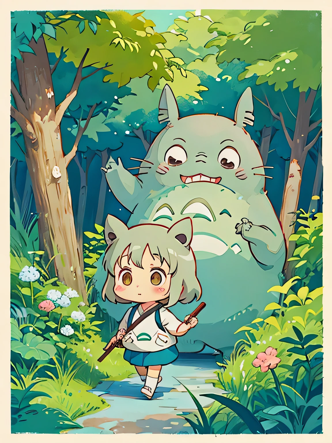 Hayao Miyazaki style、Kawaii Design, The most beautiful girl of all time、chibi, walking with totoro, トトロの森