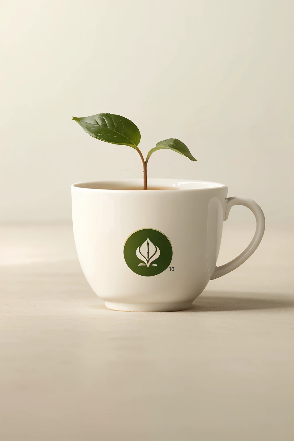 A minimalist logo combining a tea leaf and a cup, representing freshness and elegance. Simple and clean design, emphasizing natural elements.