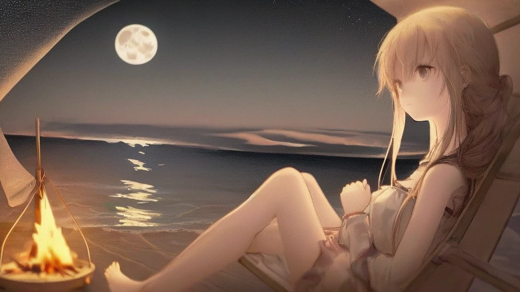 Lo-fi music anime illustration of a girl sitting on the beach at night watching a bonfire。The moon is reflected on the surface of the sea、It creates a calm and quiet atmosphere。The girl is relaxing in a camping chair、A gentle breeze makes me feel like time is passing slowly as my hair flutters.。The only light is from the moon and the bonfire