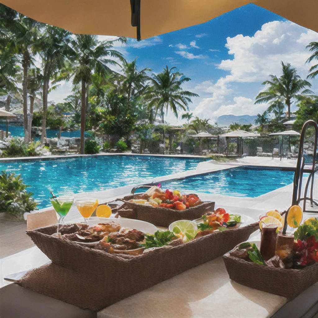 there is a table with food and drinks on it near a pool, al fresco, next to a tropical pool, poolside, tropical setting, resort, warm and joyful atmosphere, vibrant setting, recreation, paradise in the background, majestic masterpiece, tropical pool, outstanding detail, hard morning light, exclusive, masterpiece work of art, lisa kristine, wonderful masterpiece, yummy