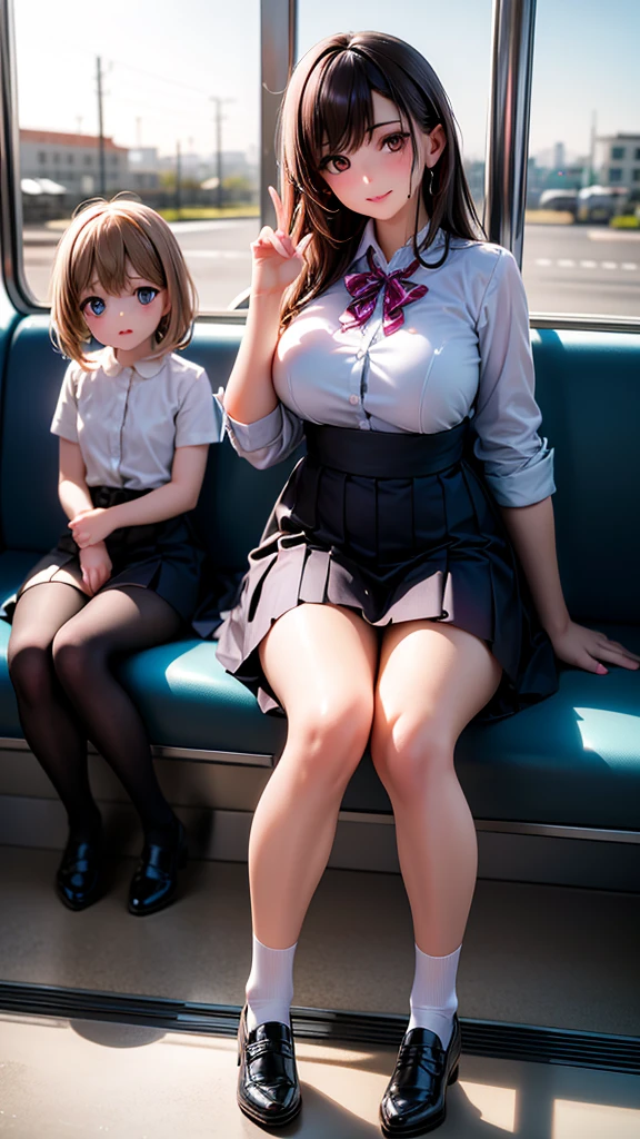 (beautiful 3girls:1.4), with long brown hair and brown eyes, looking at the viewer with a gentle smile, her bangs framing her face, wearing a white collared shirt and a pleated blue skirt, sitting on train station as the sun sets in the background, her friends with black and brown hair sitting beside her, all wearing similar outfits with striped socks and pleated skirts, their hands raised in a friendly gesture, flying sweat drops adding to the lively, energetic atmosphere, (3girls:1.4), (best quality,8k,highres,masterpiece:1.2),ultra-detailed,(realistic,photorealistic,photo-realistic:1.37),studio lighting,vivid colors,physically-based rendering,professional,extremely detailed eyes and face,longeyelashes,beautiful detailed eyes,beautiful detailed lips
