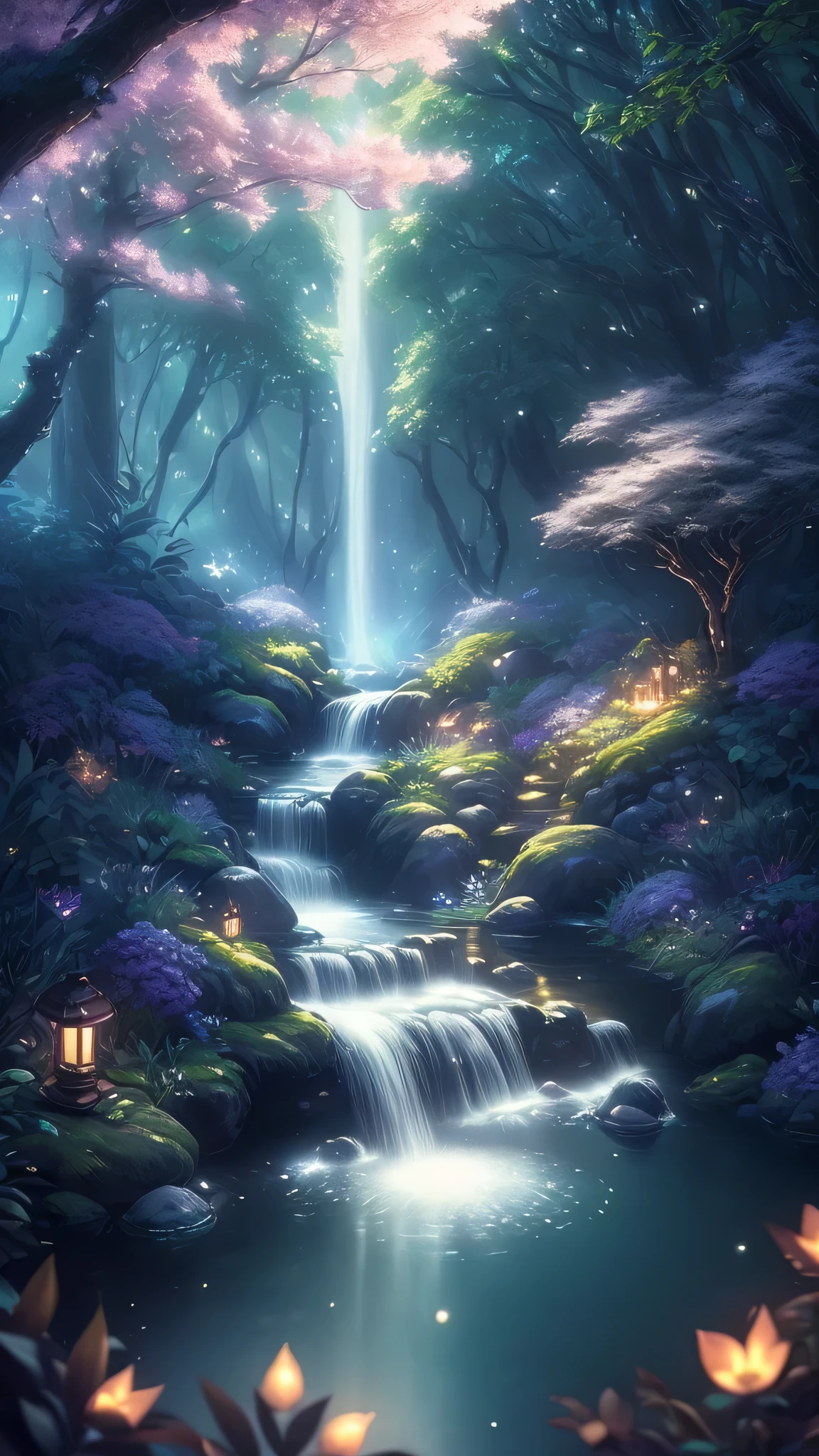 masterpiece, best quality, (Very detailed CG unified 8k wallpaper), (best quality), (Best Illustration), (best shadow), Glowing elf with glowing deer, drinking water in swimming pool, Nature Elements in forest theme. mysterious forest, Beautiful forest, nature, surrounded by flower, delicate Leaves and branch surrounded by firefly (Nature Elements), (jungle theme), (Leaves), (branch), (firefly), (particle effect) and other 3D, octane rendering, Ray tracing, super detailed , beast--v6、蝶々