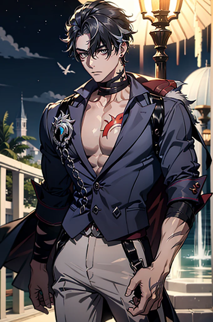 high resolution,Baldhead,male,Red pupil,earrings,Showing chest muscles,Tattoo,suit,trousers,night