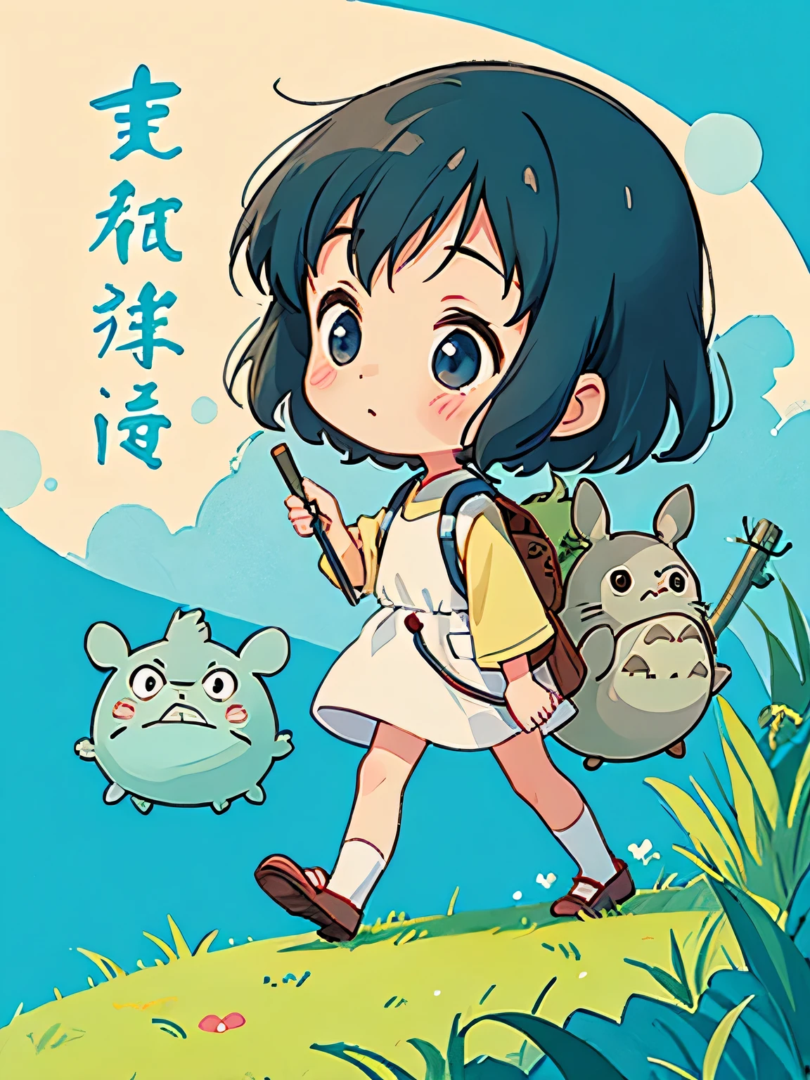 Hayao Miyazaki style、Kawaii Design, The most beautiful girl of all time、chibi, walking with totoro, トトロの森