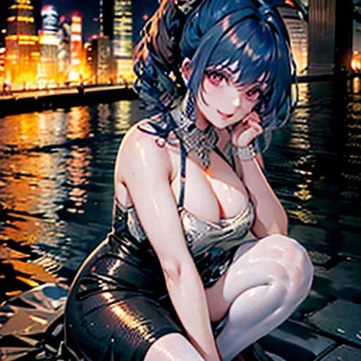 Women living in big cities, At night, In perfect lighting, Puddles on the floor reflect around her, Black Dress, Blue Hair, ponytail, smile, Perfect quality, Super Resolution, masterpiece, In good detail, 4K High Definition