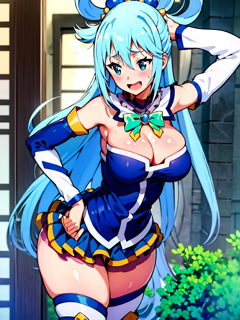 ((masterpiece)), ((Best quality)), (ultra detailed), ((kawaii)), Cute, (Beautiful), ((sexual)), ((extremely detailed)), 4K, (8 thousand.), Best quality, (Beautiful), illustration, anime style, (heavy line:1.2), Gradation, extremely detailed, Subtle touch:1.2), (Natural light, Sunbeam, rays of light, Dappled light, reflection, shadows, ray tracing:1.2) Cute girl, 1 girl, Konosuba, Water, blue hair, detailed clothing, detailed fabric, Hair rings, (One:1.2), standing, emphasizing the neckline and short skirt, slightly sheer blouse, short pleated skirt, Perfect eyes, (sexual expression:1.2), fascinated expression, smiling, looks at the viewer, smile, open mouth, leant forward, (blush:1.2) , (Beautiful eyes), lifting skirt, Panties shown, Cute, stockings, hips high, hourglass body, Medium breasts, T-boots, Mid thighs, big ass, support your ass