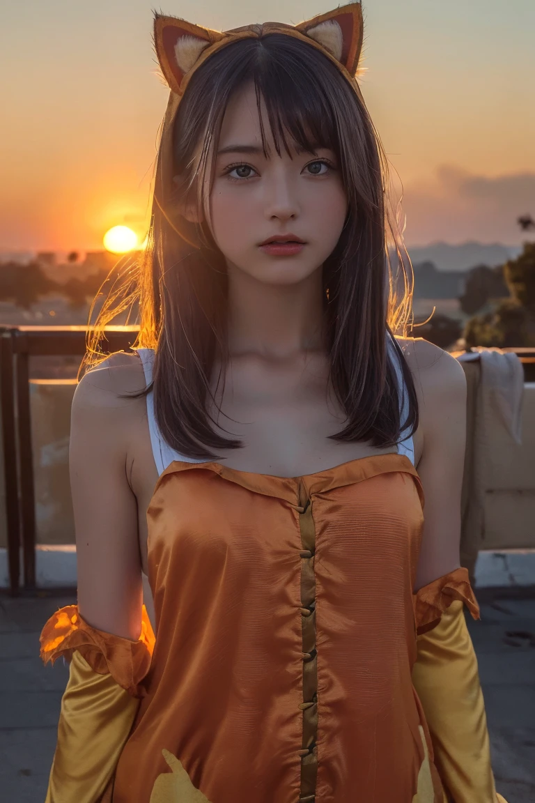 (Highest quality:1.4),(masterpiece:1.4),(Realistic:1.4),(Realistic:1.2),(超High resolution, RAW Photos:1.4),(High resolution, Super detailed:1.2),(8K:1.2),Movie Photos,a photo of a dark-haired,One Girl,alone,wear ,((Sunrise Time/Sunrise time/sunrise time:1.3))、((Upper Body:1.3)), ((Cat Costume:1.3)),