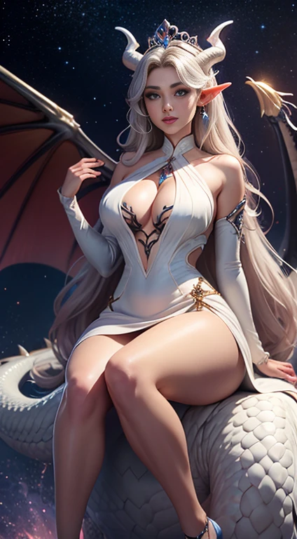 A woman in a white dress sitting on a dragon White dragon queen, young mature woman, long elves ears, elegant dress, large breast, curvy, dragon ling vawy hair, super long hair, soft face traits, white dragon horns on her head, majestic woman, silver decoration om her dress, silver star queen,big blue eyes, cherry lips, white dragons, starry sky