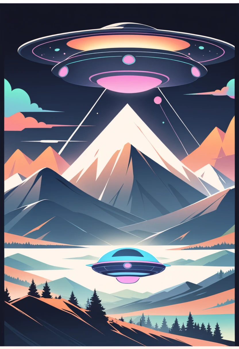 tshirt design ufo, landscape, mountain in distant, retro, vector, atmospheric, vibrant, isolated on black background