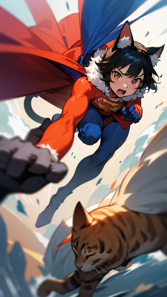 “Create an image of an adorable baby cat dressed in a faithful Superman costume. The cat should have a unique, short stature, with expressive, bright eyes and detailed, soft fur. The costume includes a vivid blue suit, a flowing red cape, and a yellow belt. Prominently display the iconic red and yellow Superman ‘S’ symbol on its chest. Capture the cat in a dynamic action pose, as if it’s in the middle of a heroic battle scene. The background should suggest motion and excitement, with blurred lines to indicate fast movement. Ensure the cat’s fur is meticulously detailed, showcasing its texture and fluffiness. The overall feel should be cinematic, evoking the sense of a dramatic movie moment.”