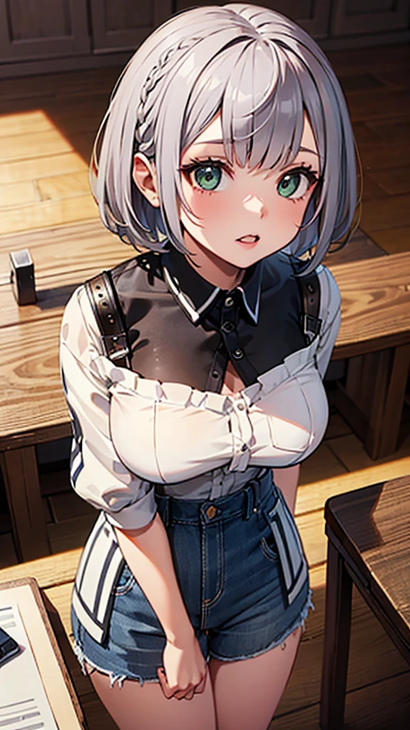 (masterpiece, best quality, ultra-highdetail), Silver braided short bob,1girl, incoming kiss, face on focus, cowboy shot,from above