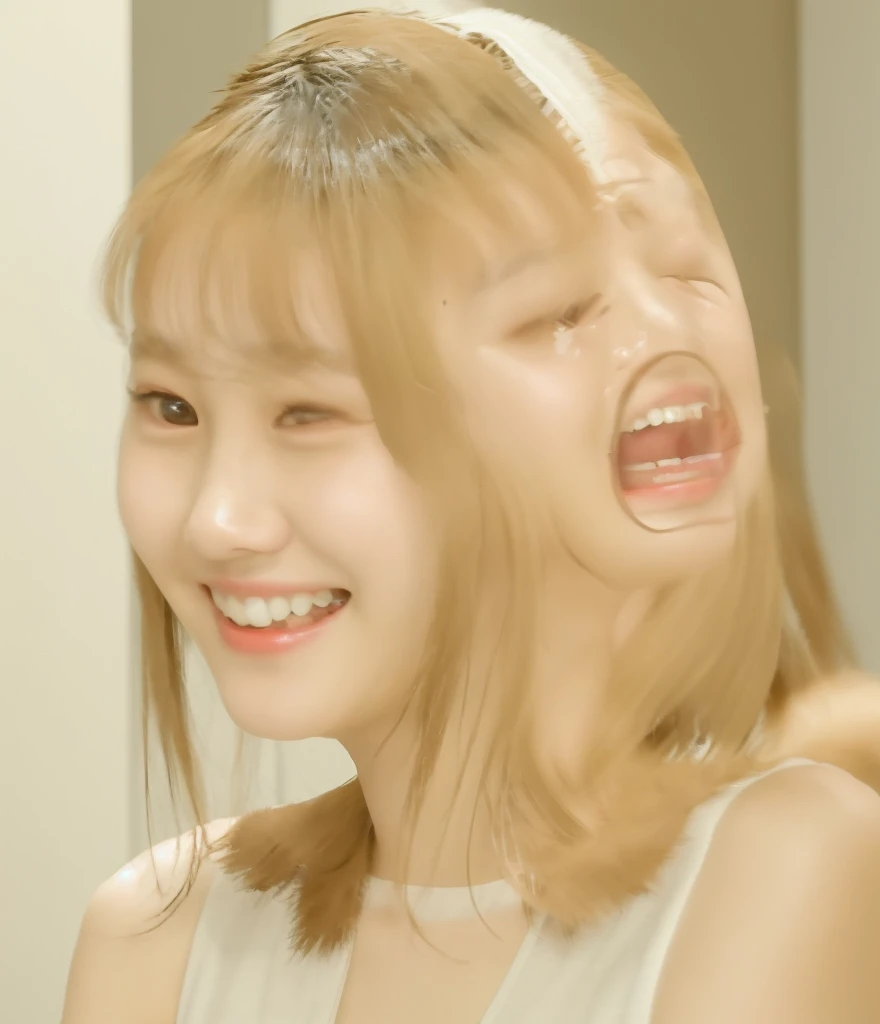 young japanese woman, wearing beige and white tight sleeveless tops, smiling and chatting with each other in empty off-white room with some walls, The Clipping of footage shot on home video, with a soft lighting to highlight their features and smiles, Composition with movement, with warm colors adding warmth, wide shot