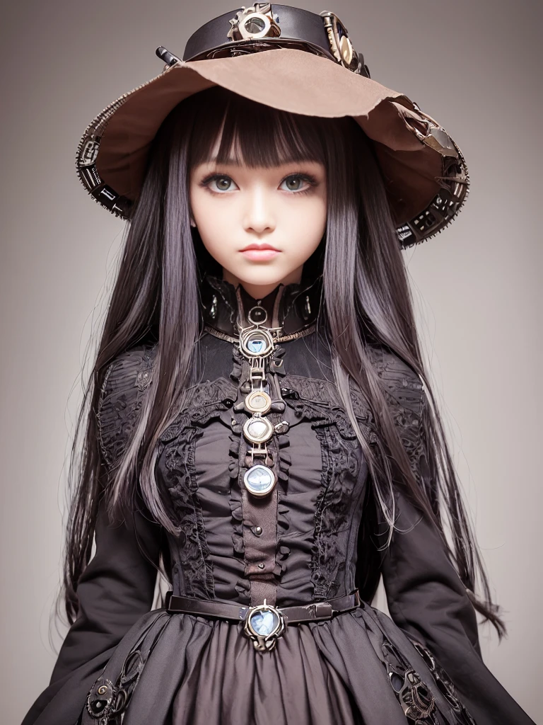 (((masterpiece, Highest quality, Super detailed))), (((1 Infinity Mage Girl))), , (((Highly detailed face))), Small, thin nose, A small, thin-lipped mouth, (((Very sharp focused eyes))), Very large slit-shaped, precise pale grey eyes, Shining like a jewel. Very long eyelashes, long black hair with black vertical curls,, with fringes, ((Steampunk fashion, Gothic Lolita Fashion))