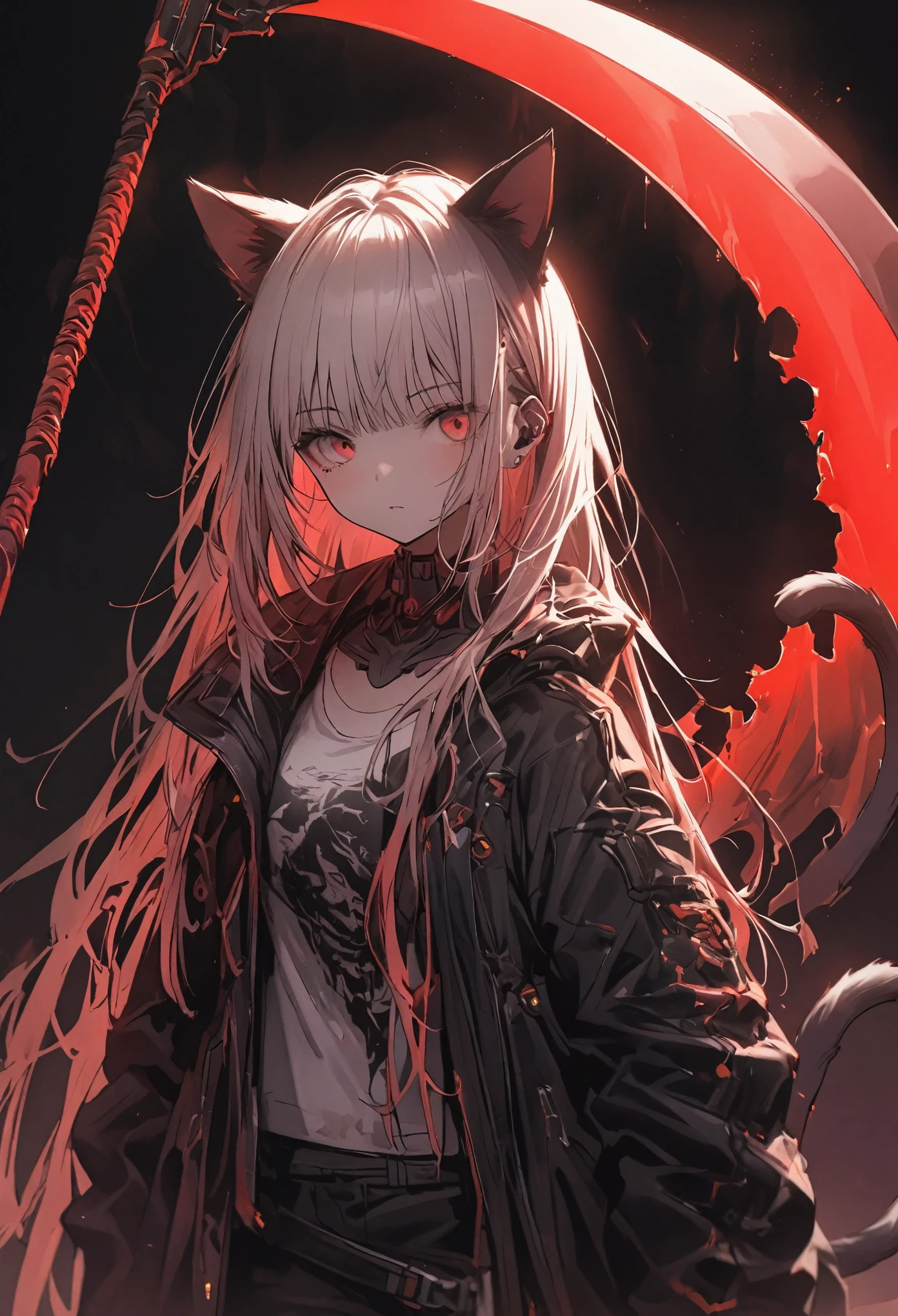 Detailed silhouette of a cyberpunk girl with cat ears and a tail, Flowing, Tattered coat, He has a giant blood scythe that includes a mechanical cat design., Stand on the glossy, Minimalist reflective surface, Red and black gradient background, sense of depth:15